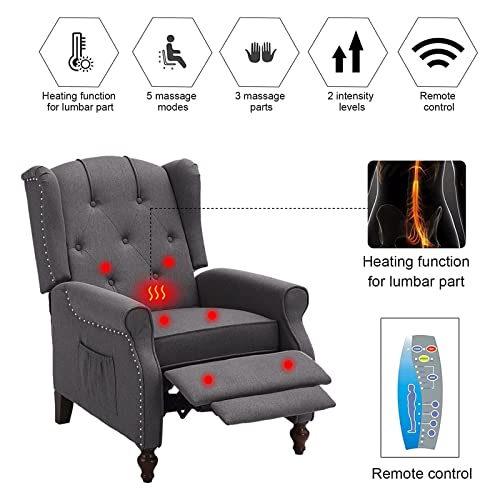 Baijiawei B Recliner Wingback Chair - Tufted Arm Chair Recliner - Massage Recliner Chair With Heat - Fabric Push Back Recliner With Remote Control, Heating Function, Adjustable Backrest (Grey) #TOP2