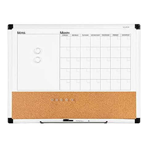 VUSIGN Monthly Calendar Whiteboard Dry Erase Cork Board Combo, 18" x 24" Planning Board, Silver Aluminium Frame Cover