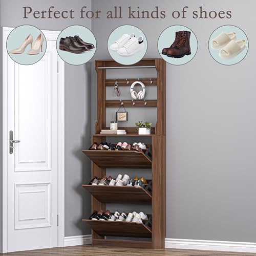 Image of BORNOON Shoe Cabinet with 3 Flip Drawers & Coat Rack, Narrow Hidden Shoe Storage Cabinet, 2-in-1 Hall Tree Slim Freestanding Shoe Rack Organizer for Entryway, Hallway, and Living Room