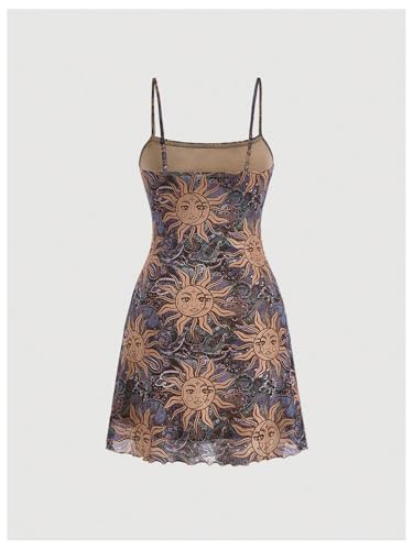 Image of Milumia Women's Summer Mini Dress 90s Boho A Line Mesh Short Dresses | Spaghetti Strap,Sleeveless,Vintage,Paisley Print,Festival Outfits,Cowgirl,Y2k,Goth,