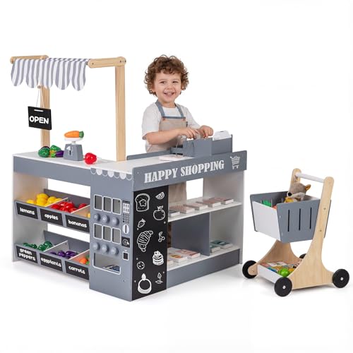 HONEY JOY Kids Grocery Store Playset Wooden Market Stand Play Store with Canopy & Shopping Cart Toddler Supermarket Checkout Stand w/Blackboard & Accessories Grocery Store Pretend Play (Gray)