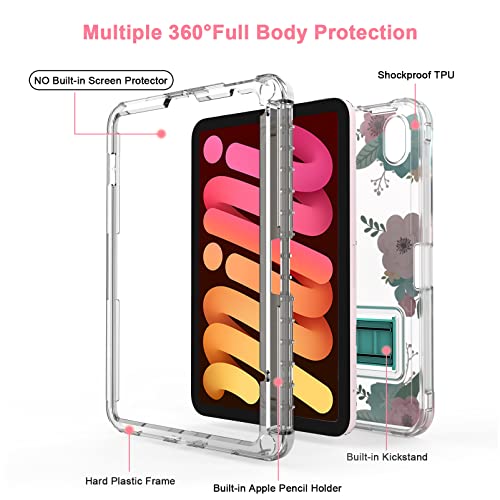Rantice Case For Ipad Mini 6 2021, Ipad Mini Case With Pencil Holder And Kickstand For Women Girl Kids, Slim Shockproof Clear Transparent Cover For Ipad Mini 6Th Generation 8.3 Inch（Green Flower） #TOP2