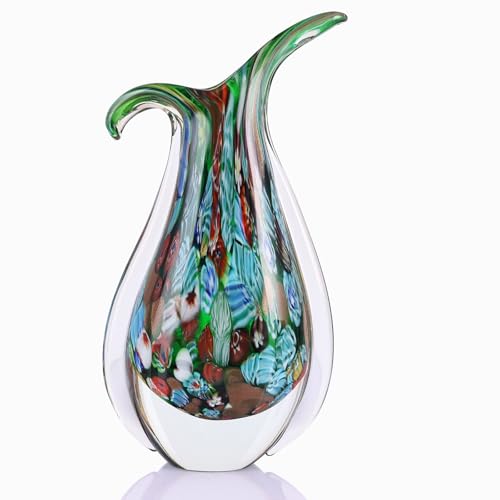 Blown Glass Green vase, Unique Murano Style Glass Art Deco