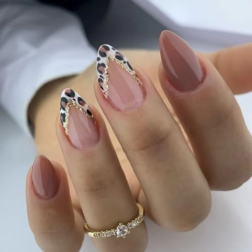 Press on Nails Short Almond Fake Nails with Leopard Designs French Tip Nails Press ons Glossy Gule on Nails Brown Acrylic Nails Fall Stick on Nails for Women 30Pcs