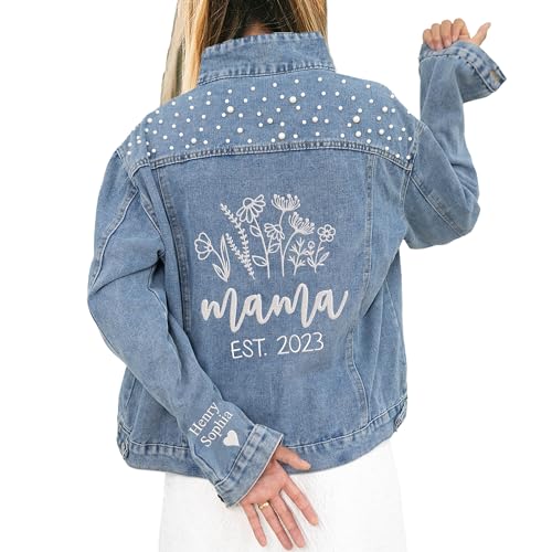 Customized Mama Denim Jacket With Pearls, Embroidered Jacket For, Personalized Mom Floral Denim Jacket Pearls, Custom Kids Names On Sleeve, Embroidered Denim Jacket
