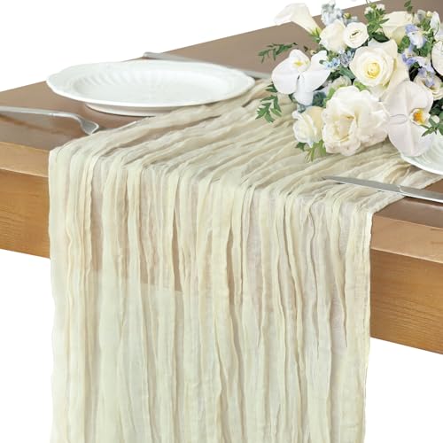 Beige Table Runner, 10FT Rustic Cheesecloth Table Runner 35*120inch Boho Beige Runner for Wedding Bridal Shower Baby Shower Table Centerpiece Decorations