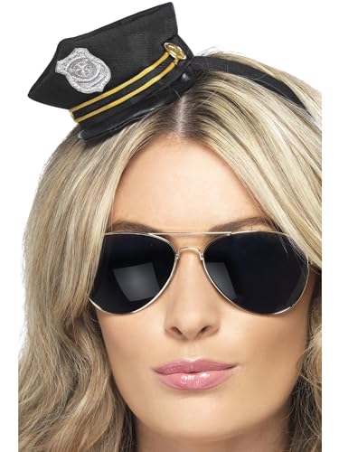 Smiffys Mini Cop Hat, Black with Badge and Rope Detail, Cops & Robbers Fancy Dress, Cops and Robbers Dress Up Hats
