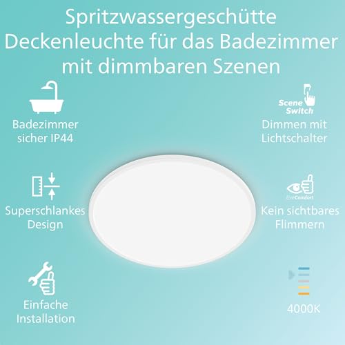 Philips LED Badezimmer Deckenleuchte Superslim (15 W), 3 Lichteinstellungen, kaltweiß Licht, dimmen ohne Dimmer, IP44 Schutz, weiß, 25cm