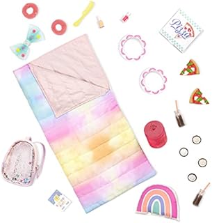 Glitter Girls 62243453722 Sleepover Party & Backpack Set  Tie-Dye Sleeping Bag, Rainbow Pillow & Pizza Play Food, 36 months-8 years