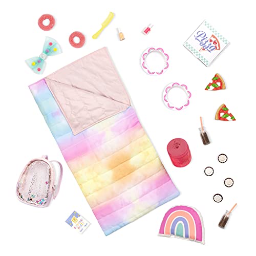 Glitter Girls – 14-Inch Doll Accessories – Sleepover Party & Backpack Set – Tie – Dye Sleeping Bag, Rainbow Pillow & Pizza Play Food – 3+ Years– Children’s Toys