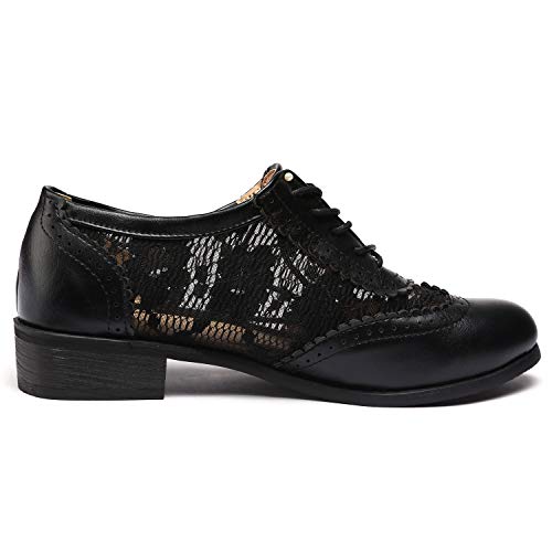Odema Sandália feminina vazada com cadarço, bico redondo, salto baixo Oxfords, Preto, 7.5