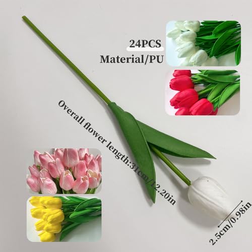 Tulipes en soie fleurs artificielles : lot de 24 tulipes réalistes de 31 cm en 4 couleurs - 3