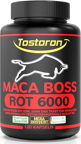 Tostoron MACA 6000 ROT hochdosiert - hol dir jetzt den TOSTORON HAMMER direkt nach Hause! 120 Maca Extrakt Kapseln aus roten Maca Wurzeln + Zink, Selen, natürliches Vitamin C, 1 Dose (1x94,2g)
