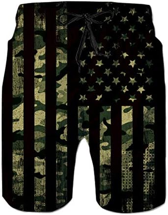 Loveternal Camouflage Swim Trunks for Men Black USA Flag Beach Shorts Quick Dry Drawstring Waist Sports Comfy Boardshorts Star Stripe Fourth of July Bathing Suits for Men M