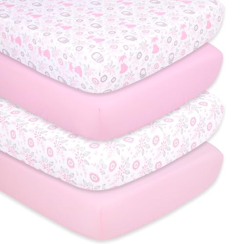 Image of The Peanutshell Baby Crib Sheets 4-Pack for Girl - Soft, Oval & Fitted Baby Girls Crib Sheet, Rectangle, Fitted Covers, Halo Mattress - Woodland Floral