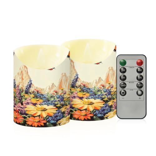 Ewusp Juego de 2 velas LED parpadeantes sin llama con diseño de mariposas y flores, con control remoto y temporizador, para decoración del hogar, bodas, vacaciones, fiestas, centros de mesa