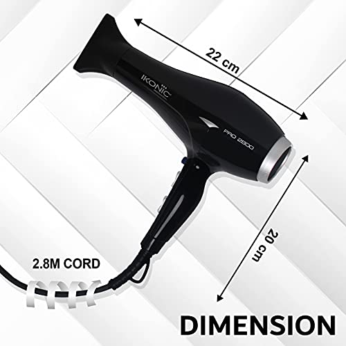 Ikonic Pro 2800+ Hair Dryer, Black | Professional | Brushless DC Motor | Low Noise Function| Lightweight Design| Interchangeable Nozzle| Diffuser Attachment| Versatile Heat and... - Image 4