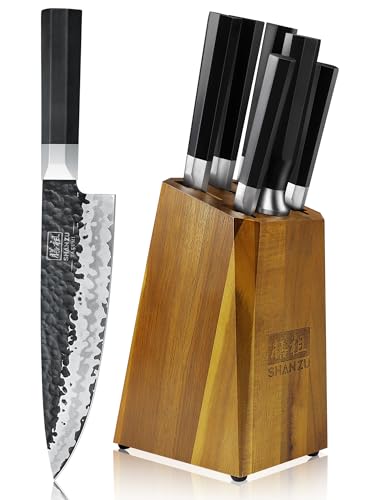 SHAN ZU 7-Teiliges Messerset mit Block, Handgeschmiedete 7-Schicht, Japanischer 9Cr18MoV Kohlenstoffreicher Edelstahl, Professionelle Kochmesser, Achteckiger G10 Griff