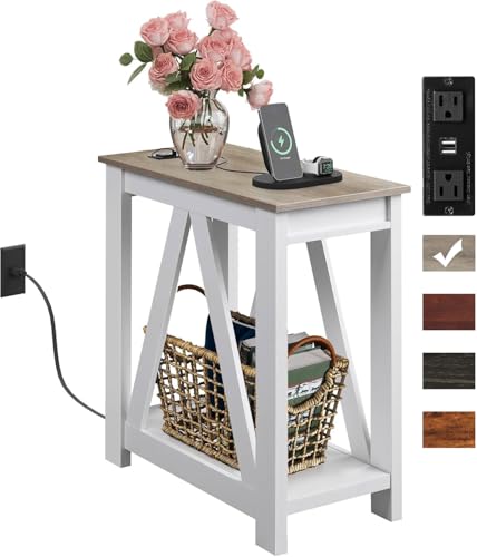 Image of WLIVE Narrow End Table with Charging Station Farmhouse Side Table Slim | 2 AC Outlets + 2 USB Ports; Sturdy A-Shaped Frame; 55 Lbs Capacity; 2 Tier Storage Shelves; Non Slip Pads; Easy Assembly