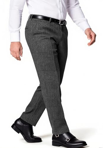 Men's Classic Fit Herringbone Tweed Dress Pants Slim Expandable Waist Business Office Trousers3