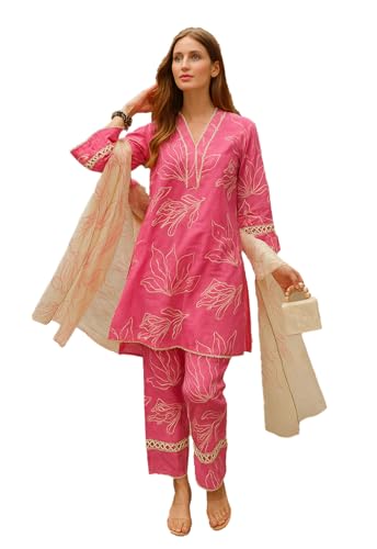Ensemble kurta pantalon dupatta femme en coton imprimé rose vêtement indien taille M