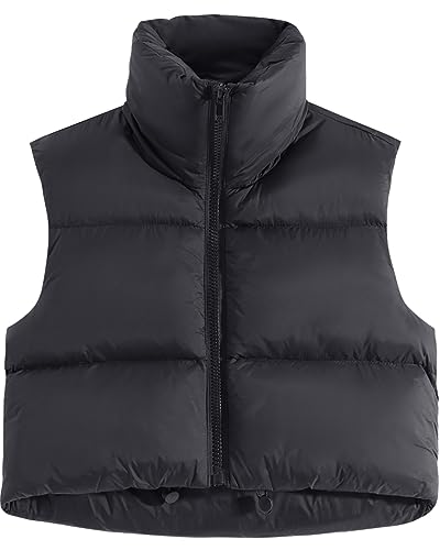 Fuinloth Women's Padded Vest, High Stand Collar Lightweight Zip Crop Puffer Gilet - Image 3
