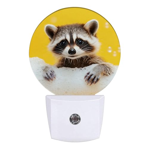 Image of Cute Raccoon Night Light Animal Night Lights LED Lamp Round Plug into Wall Nightlight with Dusk to Dawn Sensor Home Hallway Stairway Kitchen Decor