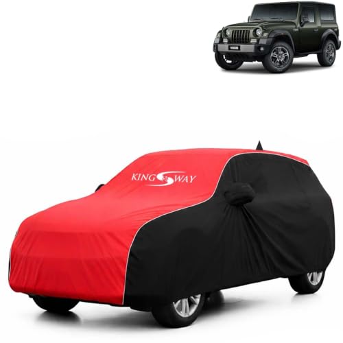 Image of KINGSWAY Super Waterproof Car Cover Only with Mahindra Thar (Year 2025 Onwards - All Model) | Mirror and Antenna Pockets | All Weather Car Body Cover with Silver Piping | Black Red
