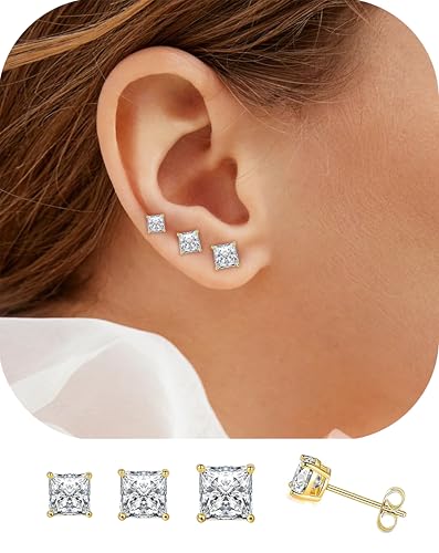14K White Gold Square Transparent Cubic Zirconia Stud Earrings 3-Piece Set | Hypoallergenic Earring Posts2