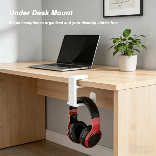 Image of Universal Headphone Hook & Headset Holder, White | 360 Swivel, Under Desk Hook, Cable Management Clip, Universal Fit
