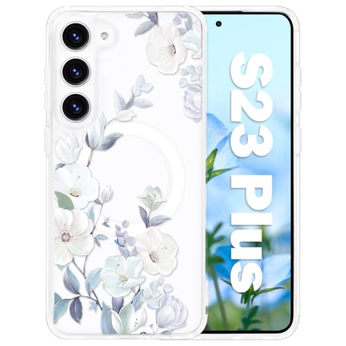 Coque compatible MagSafe Samsung S23 Plus fine antichoc transparente avec motif fleurs