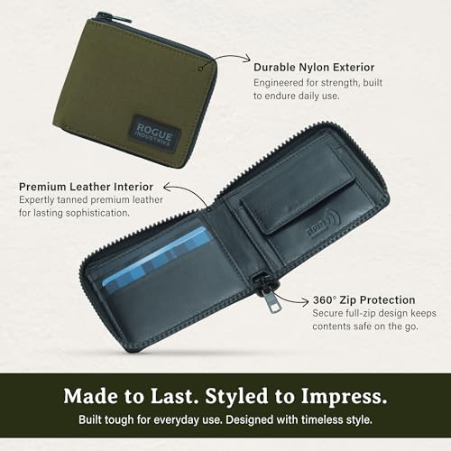 Image of ROGUE WALLET Interior Genuine Leather Wallets for Men - RFID Blocking Robust Outer Nylon Wallets - Full Cash Slot and Expandable Coin Pouch - Gift for Men (Khaki)