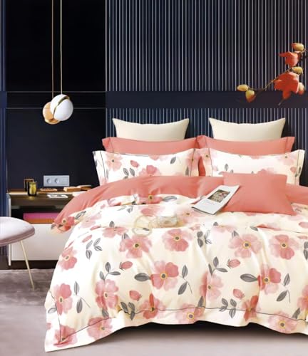 Image of Bedding Set Combo of Double Bed Duvet Cover Set with Fitted Bedsheet & 2 Pillow Covers | 300 TC Cotton Fabric | Zipper Closure |All Round Elastic|Warm Stuff|SED 027|Orange Petals | Breathable material
