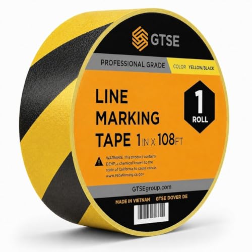 GTSE 1 inch x 108 ft Black &amp; Yellow PVC Vinyl Floor Tape, Safety Marking Tape, 6 mil Thick, Suitable for Dance Floors, Gyms, Warehouses, Sports Facilities