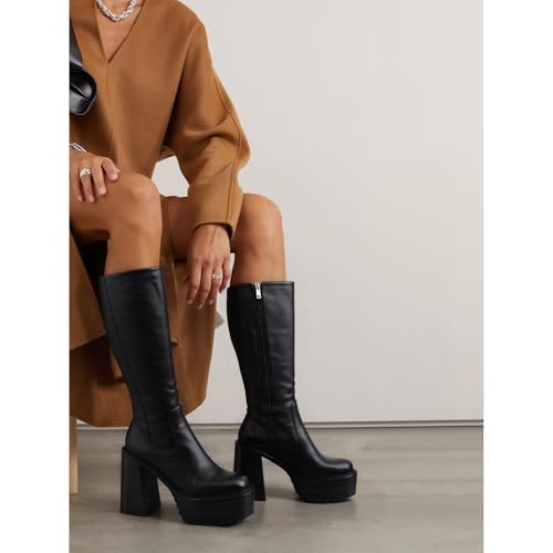 Platform Mid Calf Boots for Women High Heel Block Heel Women’s Tall Boots Square Toe Comfortable Casual Boots Trendy Stylish Shoes3