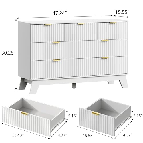 Image of Wodeer 7 Drawer Fluted Dresser for Bedroom, Mid Century Modern Dresser with 7 Drawers, Dressers & Chests of Drawers with Metal Handle, TV Stand & Storage Organizer for Entryway, Hallway, White