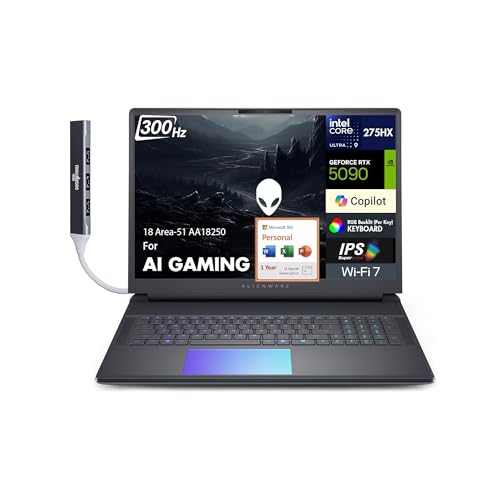Image of Alienware 18 Area-51 AA18250 AI Gaming Laptop 18 inch WQXGA (Intel Ultra 9-275HX, GeForce RTX 5090 24GB, 64GB DDR5, 3x1TB SSD R0 (3TB), Win 11 Pro) w /MS 365 Personal, DKZ USB Port Expander
