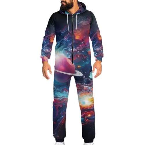 Binienty Milky Way Planet Hoodie Jumpsuit Womens Mens Onesie One Piece Pajamas Unisex Adults Sleepwear Homewear Jumpsuits Fashion Zip Up PJs Hooded, Size 4XL