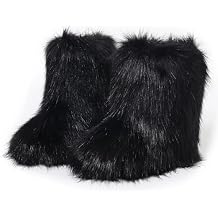Women Faux Fur Furry Boot Fluffy Mid Calf Snow Boots Round Toe Suede Comfy Warm Flat Shoes Winter For Girl