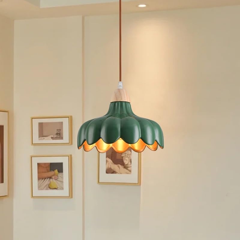 Miniatura 5 de Mid Century Kitchen Island Pendant Light, Vintage Flower Shape Ceiling Hanging Lighting, Green Ceramic Shade Chandelier with Wood Finish for Dining
