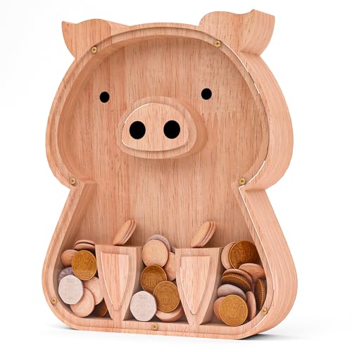 JOOMLAFLY Wooden Piggy Bank for Kids Cute Wood Bank for Boys Initial Coin Bank Personalized Piggy Bank Wood Money Save Box for Birthday and Festival-Pig Piggy Bank