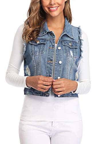 MISS MOLY Women's Ripped Denim Vest Cropped Distressed Classic Sleeveless Jean Vest Jackets With Flap Pockets3