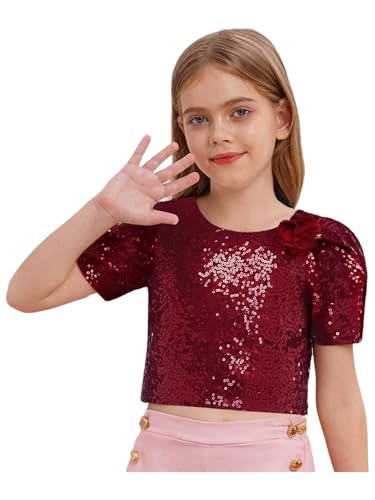 renvena Girls Sequin Crop Tee Top Short Sleeve Round Neck Flower Shirt Sparkly Glitter Concert Outfits3