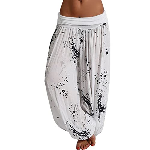 Maiyifu-GJ Women's Printed Wide Leg Palazzo Pants Loose Fit Casual Beach Harem Trousers Summer Soft Baggy Lounge Pant (White,Small)