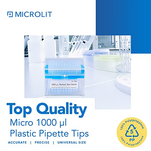 Microlit - Micropipette Pipette Tips, Low-Retention And Clean-Release Hydrophobic Transfer Pipette Tips, Universal Fit Nonpyrogenic 1000 Ul Plastic Pipette Tips, 480-Count, 1 Pack Of 5 Racks #TOP1