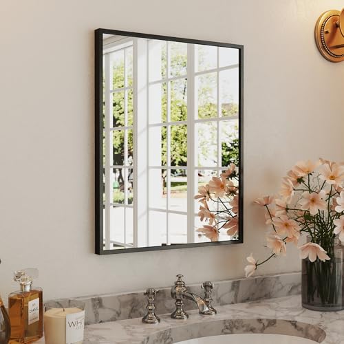 LUSABE Badezimmerspiegel, 40,6 x 50,8 cm, mattschwarz, gerahmt, kleiner rechteckiger Wandspiegel, rechteckiger Schminkspiegel, Bauernhaus, rostfrei, gehärtetes Glas, bruchsicher, einfach zu