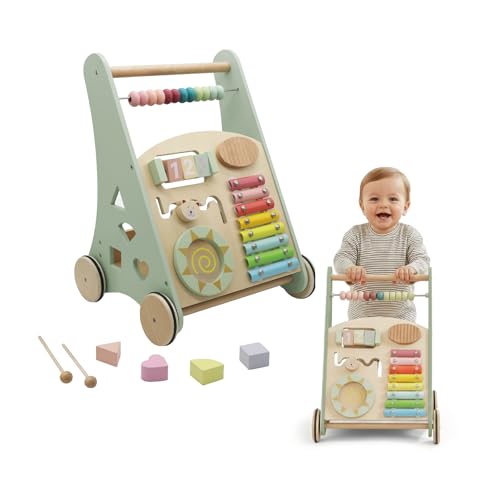 Buddy Baby - Andador de Madera Montessori - Desde 12 meses - Panel interactivo (xilófono, puzzle, espejo, engranajes) - Cajón trasero - Ruedas goma antideslizantes - No daña el suelo