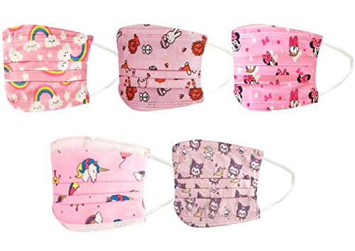 子供用マスク 使い捨て 三層不織布 50枚 （10枚×5柄）ピンクの絵柄 男の子 女の子 ※写真の5種類の柄お届けします。 (ピンク)