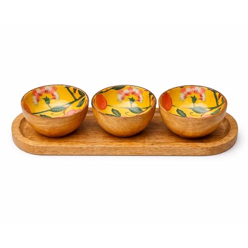 Image of Chumbak Limonata Trio Wooden Bowl Set | Citrus Collection | Mango Wood Trio Bowl Set | with Tray | Citrus Print | Food Safe | Chakna Serveware | Gifting Bowl Set
