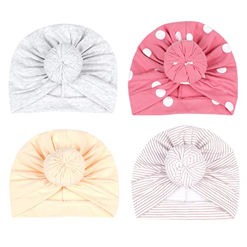 Baby Turban Hats, 4PCS Baby Girl Hats Toddler Hospital Hat Newborn Turban Headwrap Infant Turban Beanie Hat for 0-6 Months3